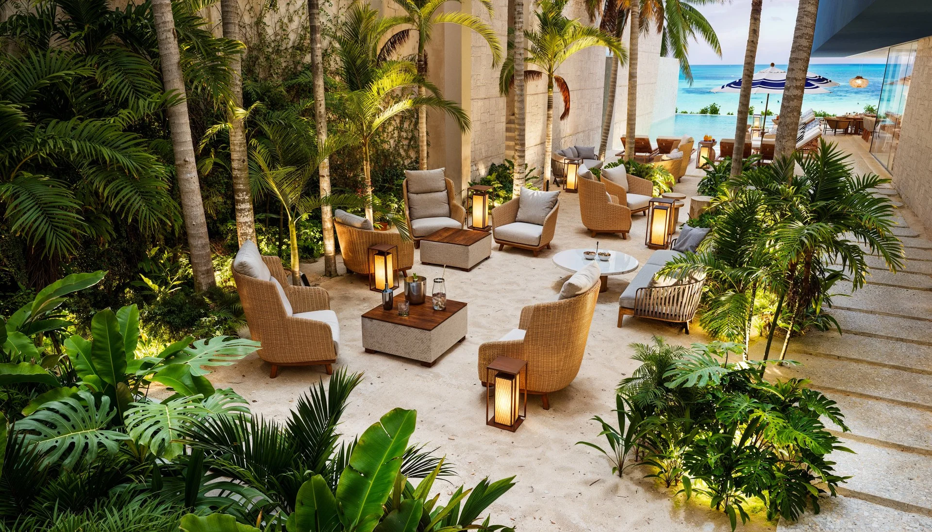 Tropical garden lounge with sea view at Saint Marine luxury development, Playa del Carmen