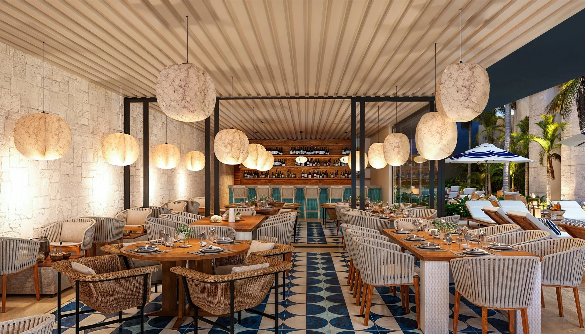 Restaurant and bar at Saint Marine, luxury beachfront apartments Riviera Maya