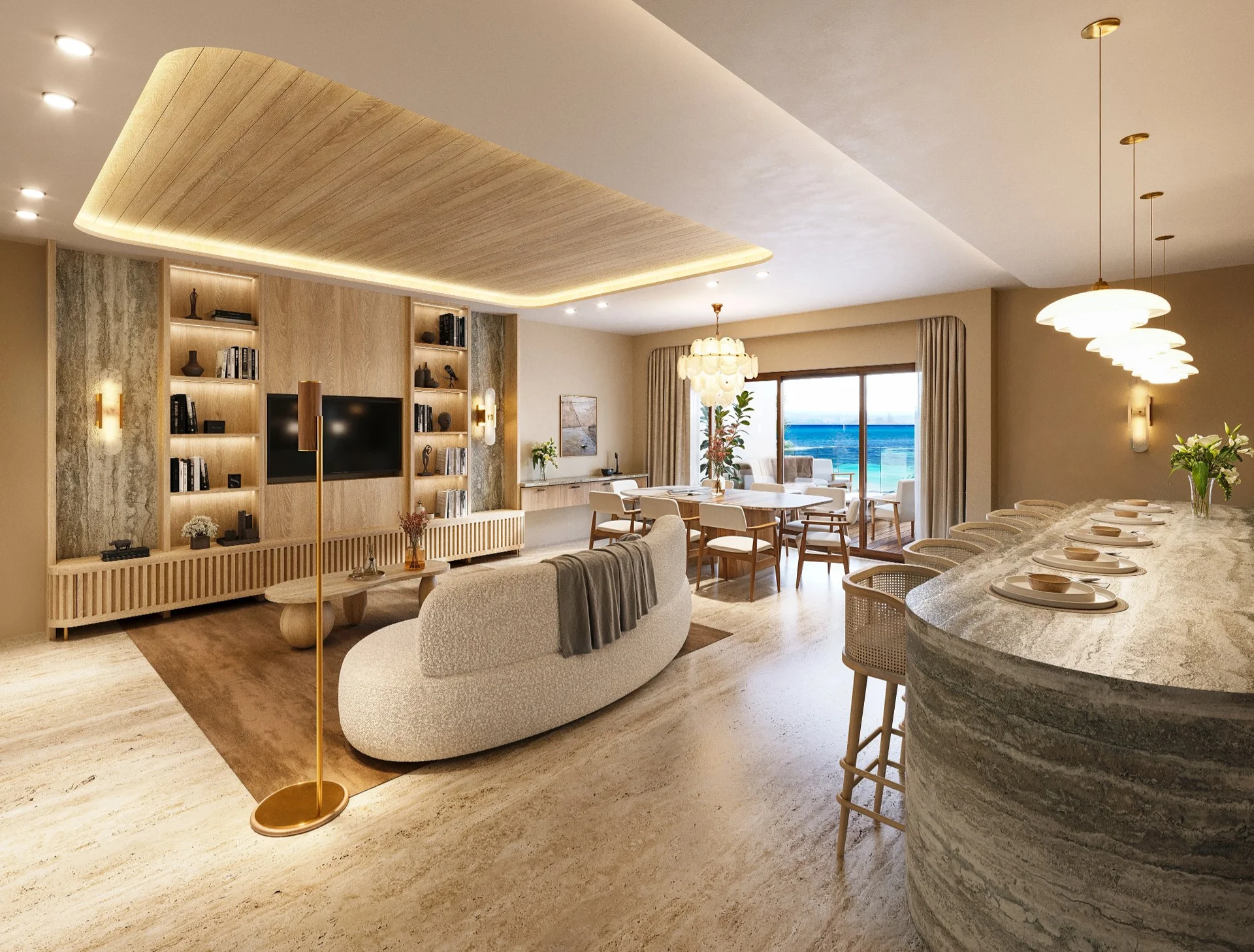 Living and dining room with sea view at Saint Marine luxury penthouse, Playa del Carmen