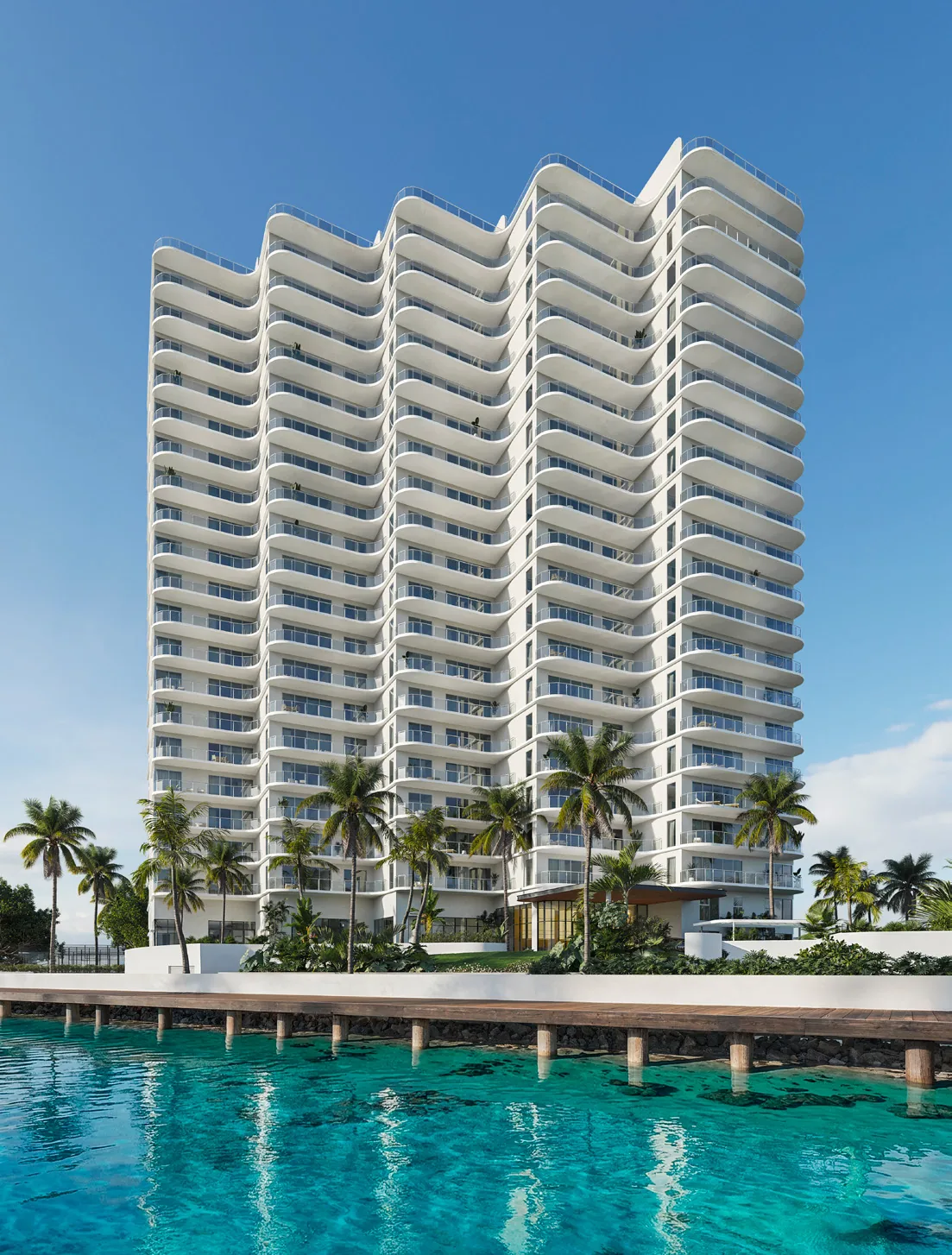 Rendering of the white, wave-like terraces of SLS Ocean Beach Residences rising above a timber boardwalk and turquoise water