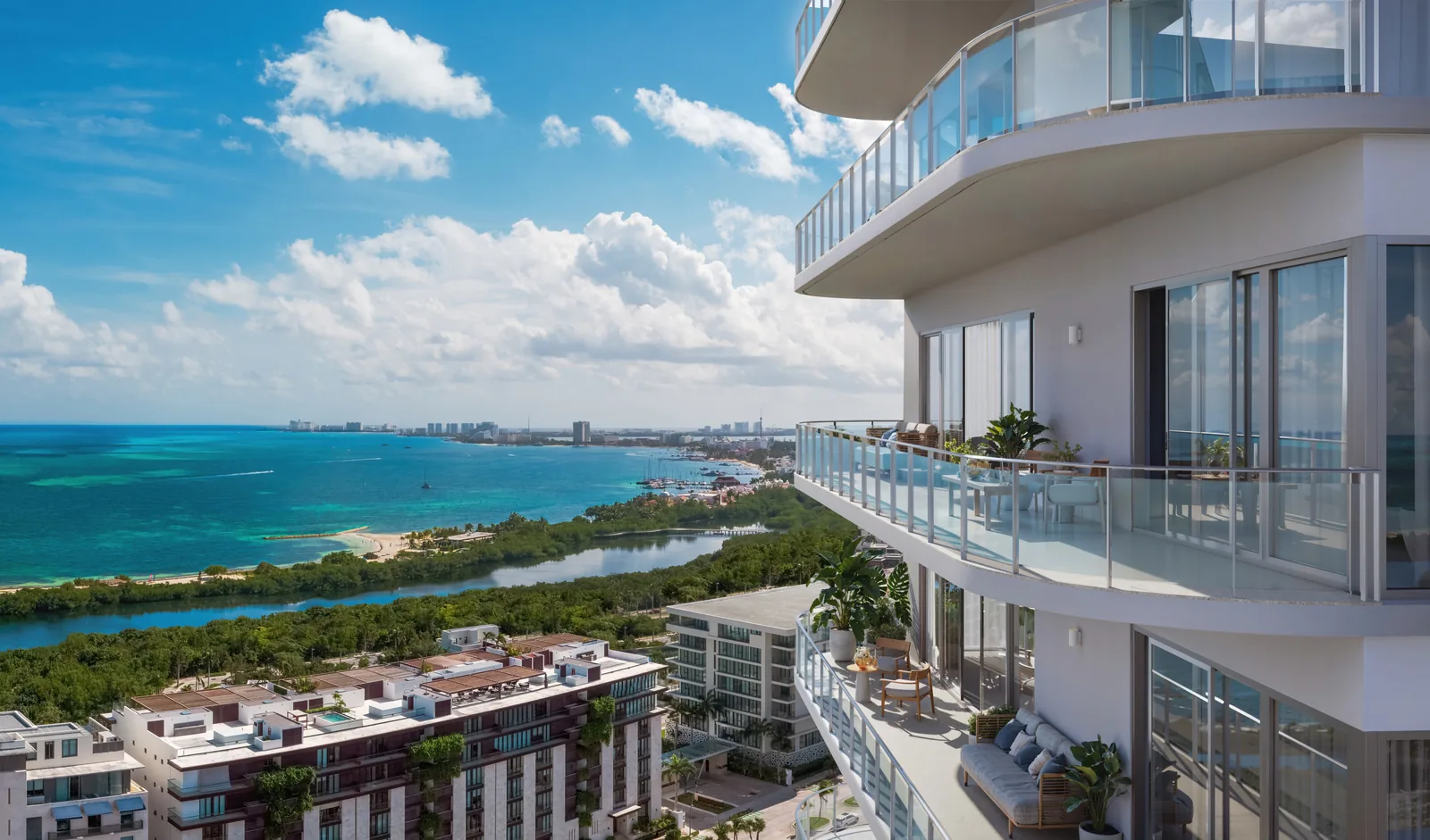 Rendering of the tower's curved, glass-railed terraces looking out over the Caribbean Sea toward the Cancun skyline