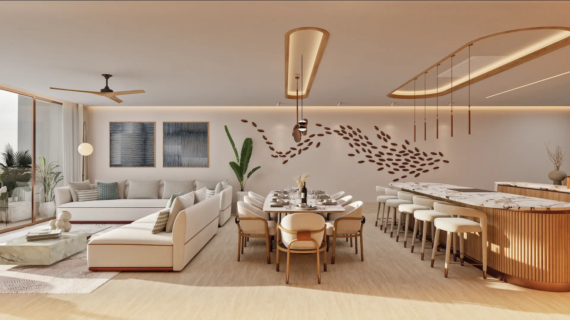 Sala y cocina de residencia en The St. Regis Costa Mujeres con cocina de alta gama y amplias estancias