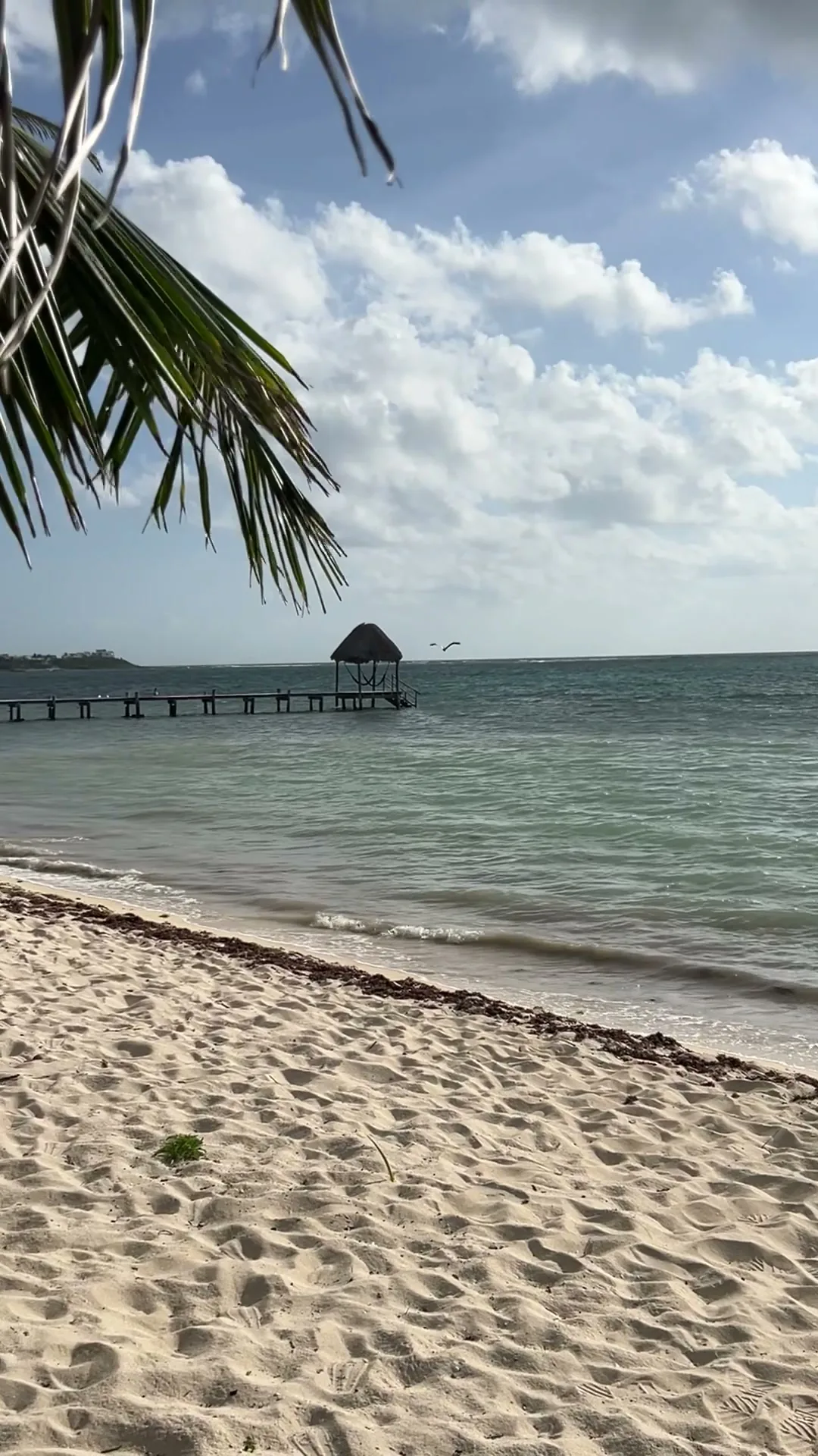 Sandy beach in front of lot 12 in Bahía Tankah, with a neighboring pier in the distance