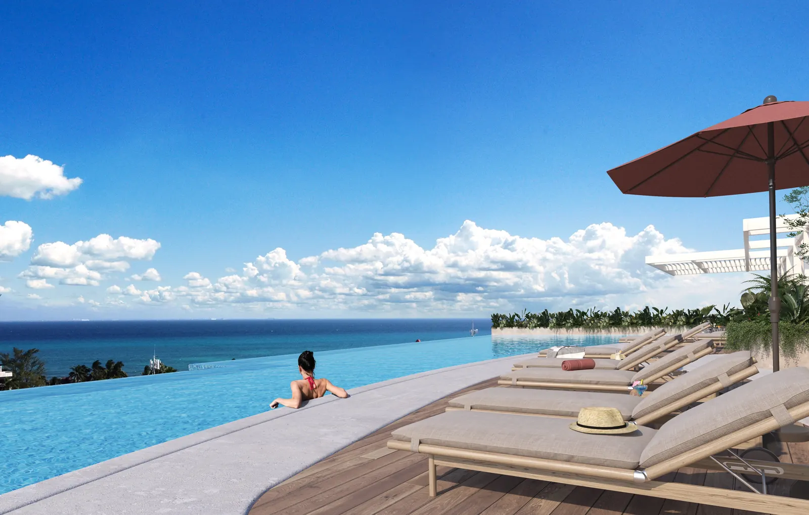 Render de la alberca infinita del Sky Club de The Landmark con camastros de madera y el mar al fondo, Playa del Carmen