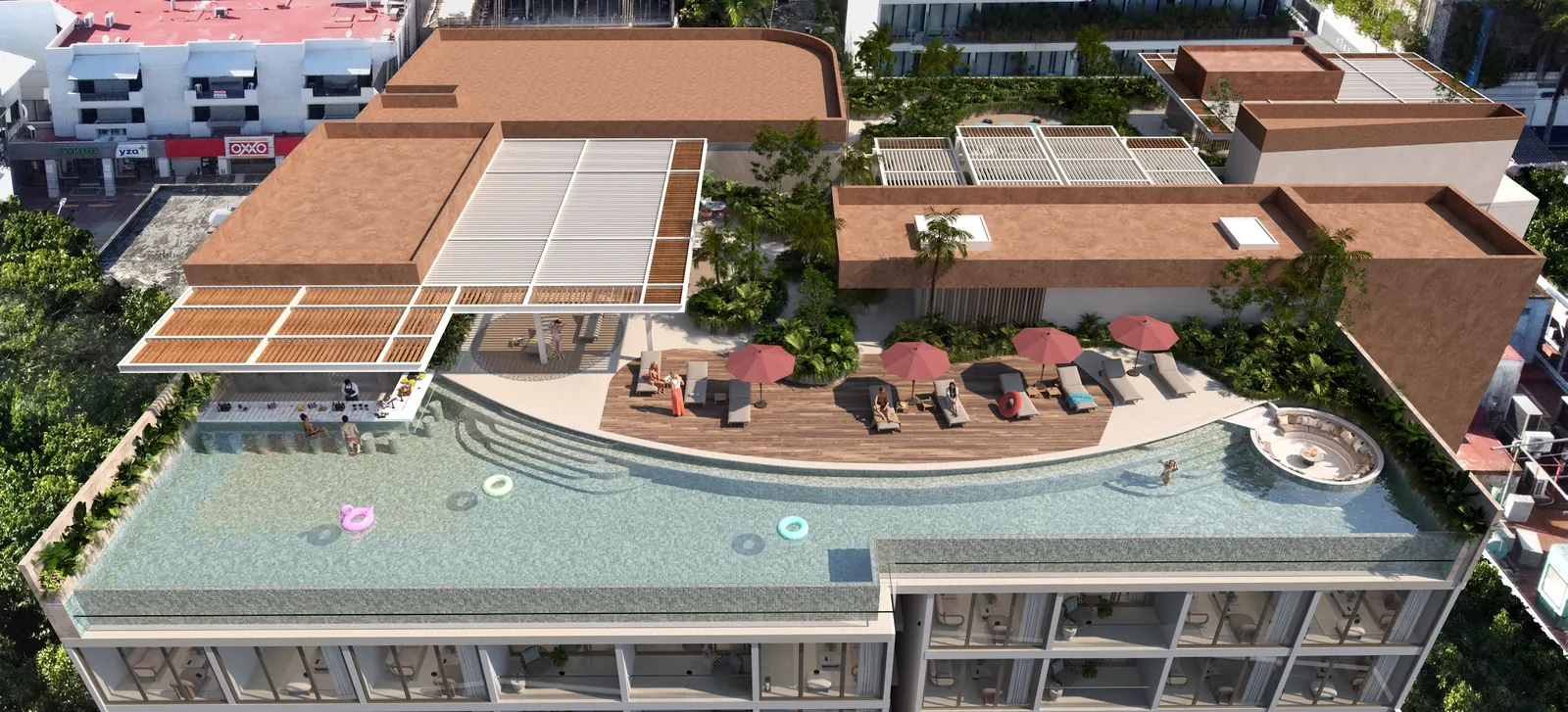 Render aéreo del Sky Club de The Landmark: alberca de borde curvo, camastros, sombrillas y pérgolas sobre la azotea, Playa del Carmen