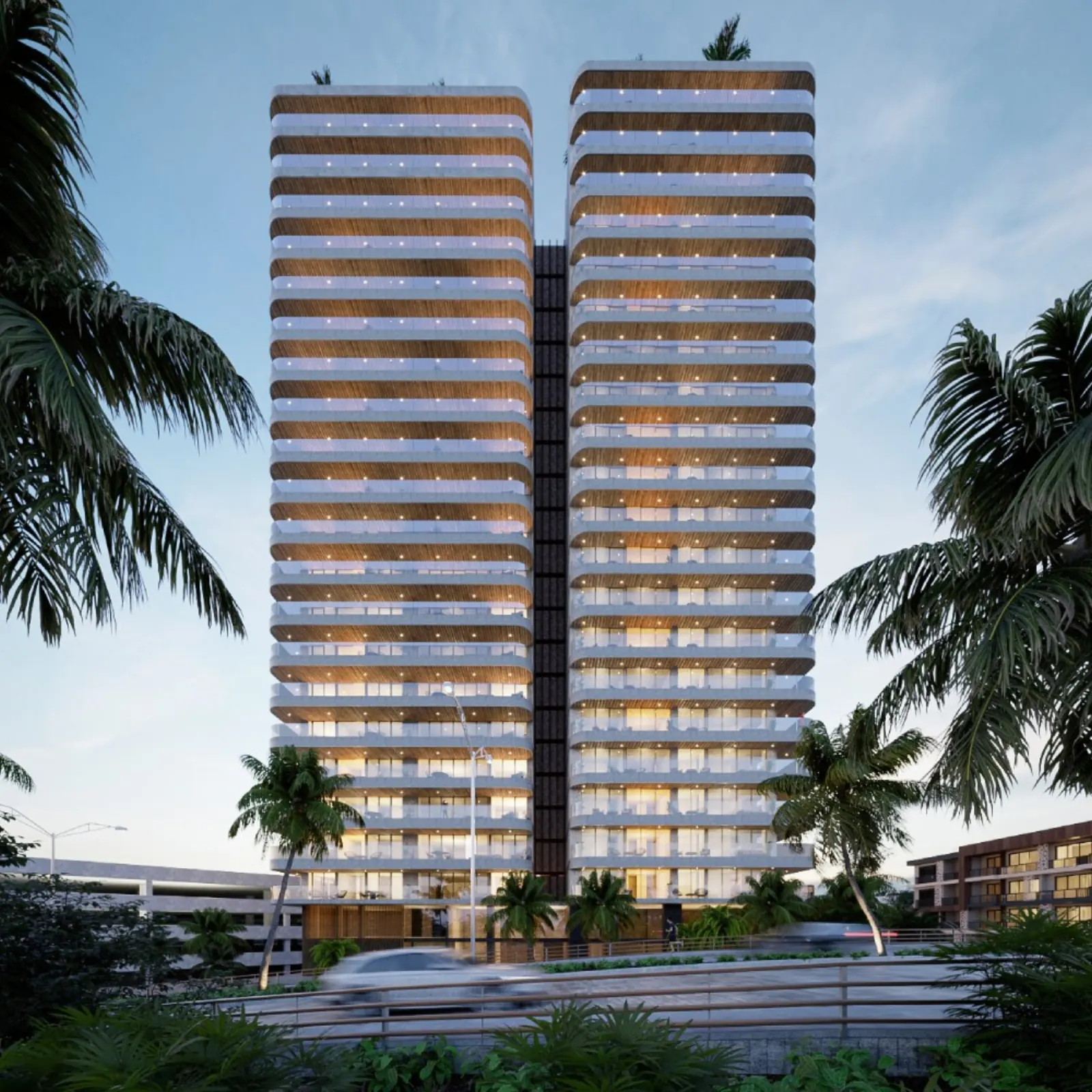 Fachada frente torre 23 niveles thompson puerto cancun - Thompson Private Residences Puerto Cancún