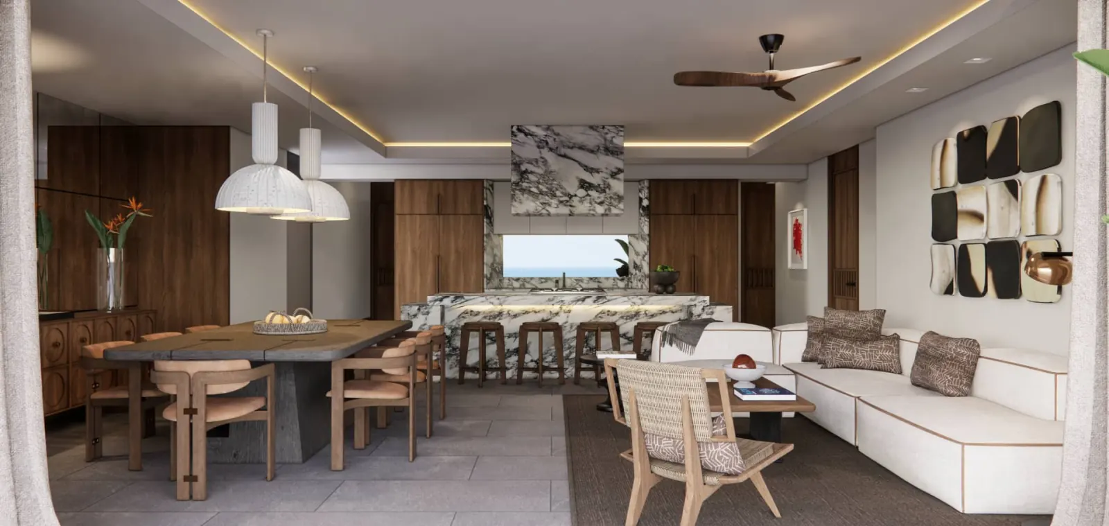 Panoramica cocina comedor acabados marmol thompson puerto cancun - Thompson Private Residences Puerto Cancún