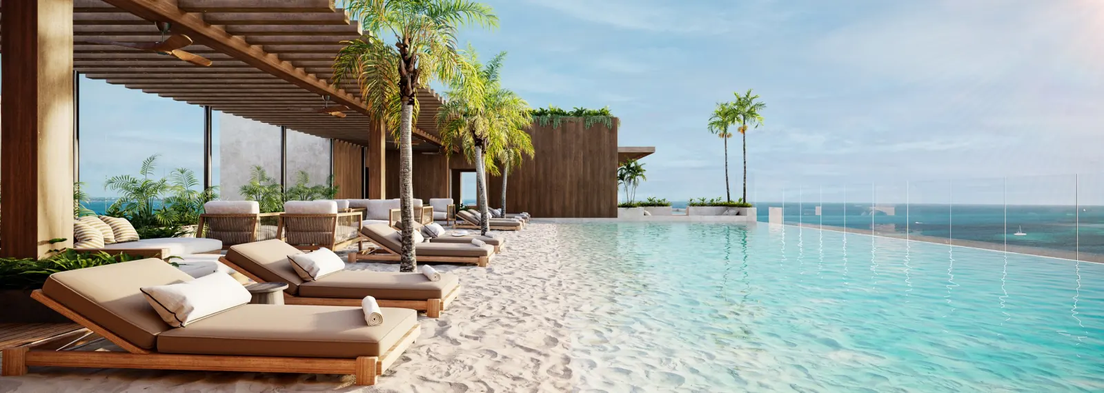 Vista camastros rooftop mar caribe thompson puerto cancun - Thompson Private Residences Puerto Cancún