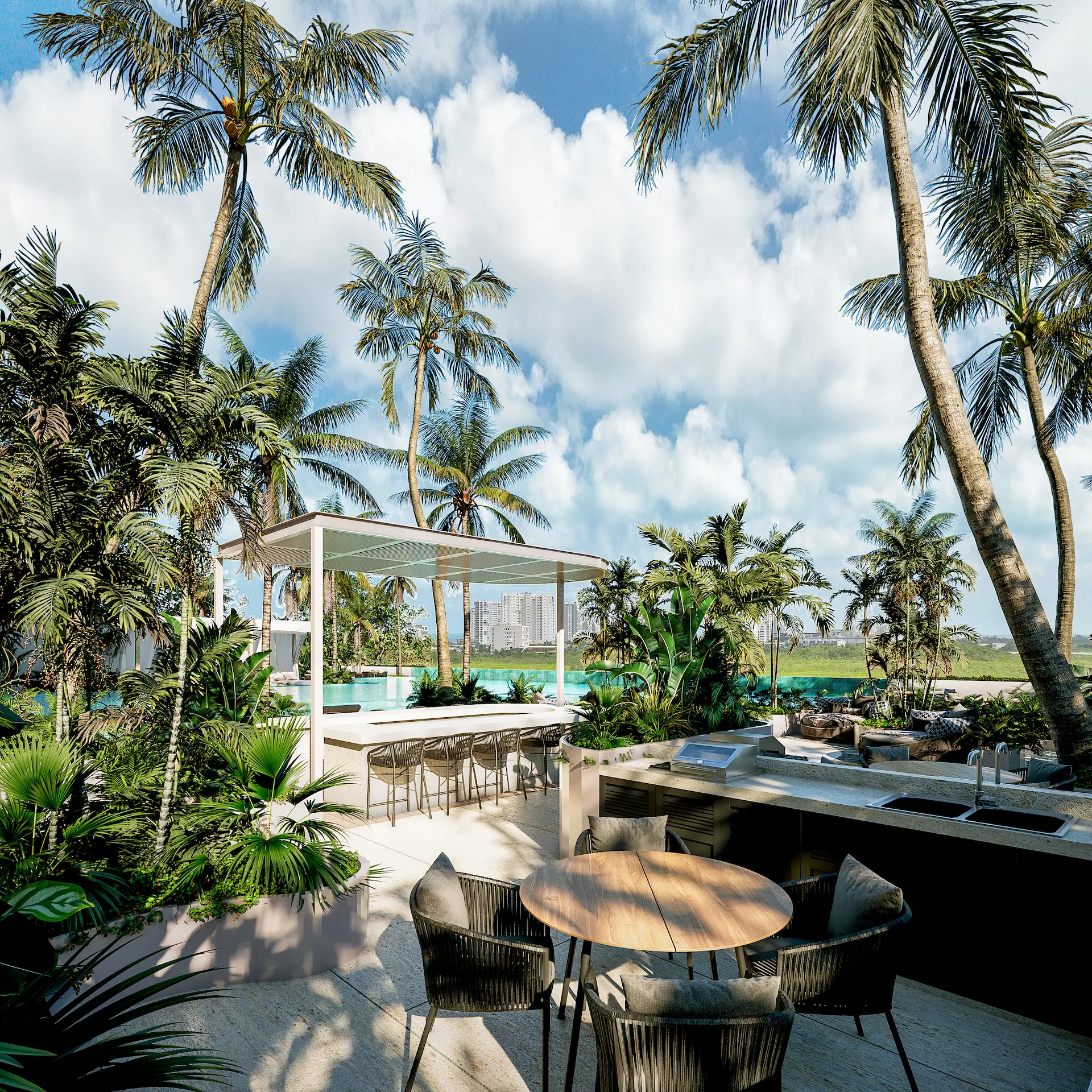 Pool bar y área de asadores rodeados de vegetación tropical en Torre Insignia Puerto Cancún