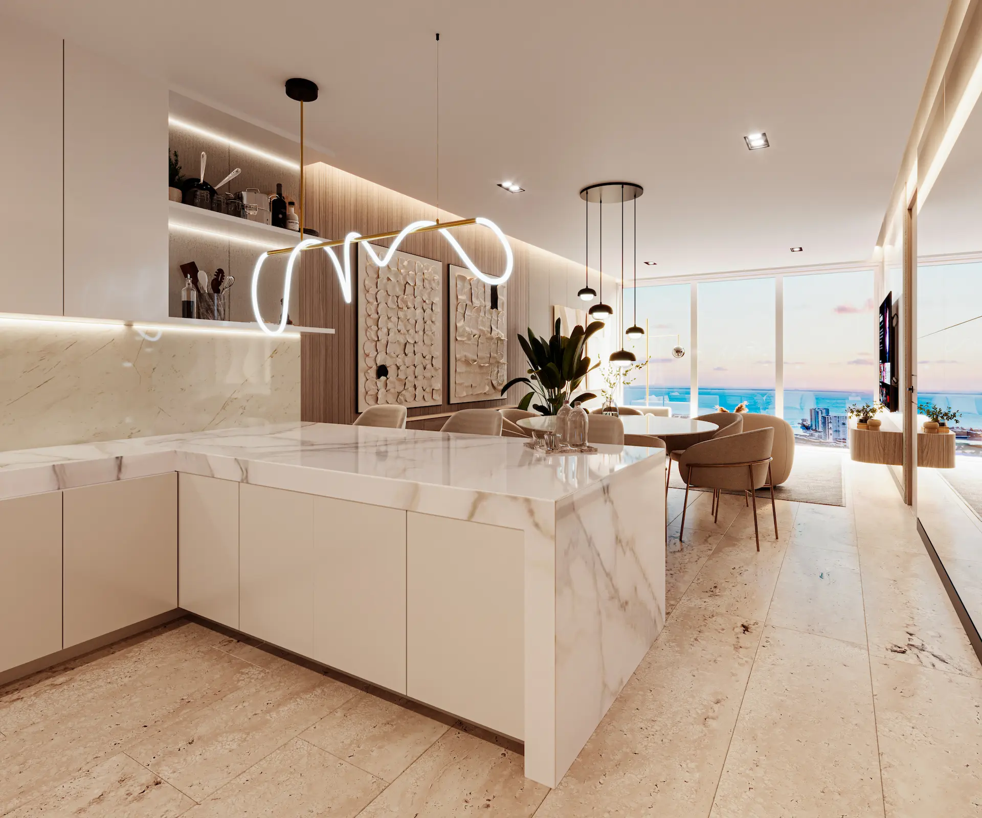 Cocina con isla de mármol y comedor del Modelo A en Torre Insignia Puerto Cancún, con vista al Mar Caribe al atardecer