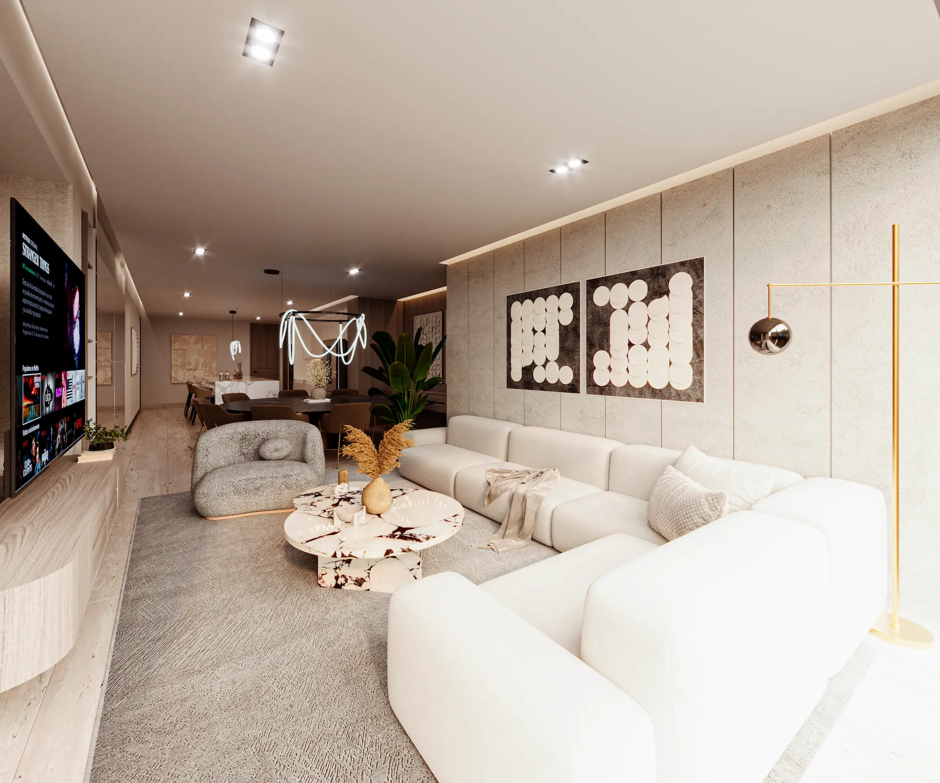 Sala de estar Modelo B en Torre Insignia Puerto Cancún con acabados de lujo