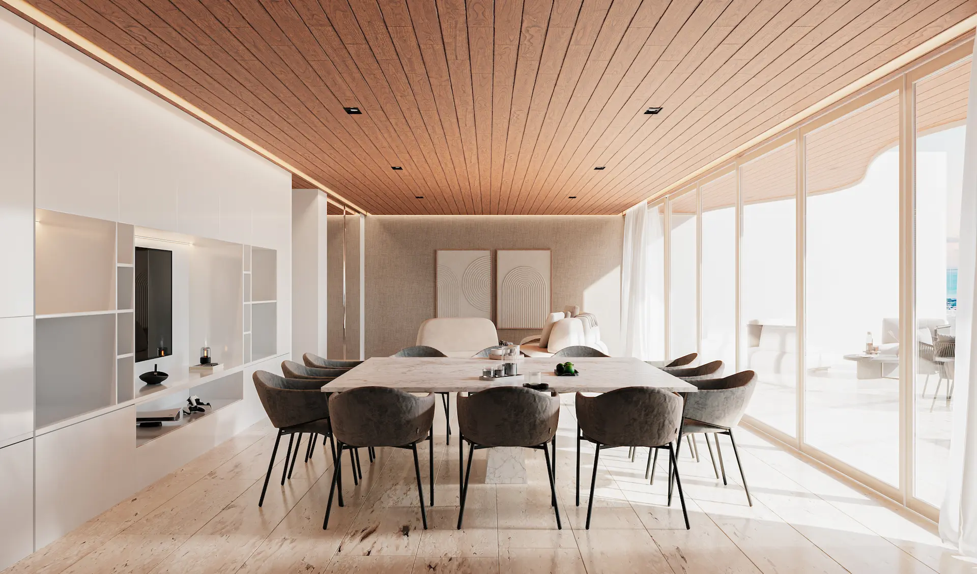 Interior sala-comedor de penthouse en Torre Insignia con techo de madera y vista al Mar Caribe