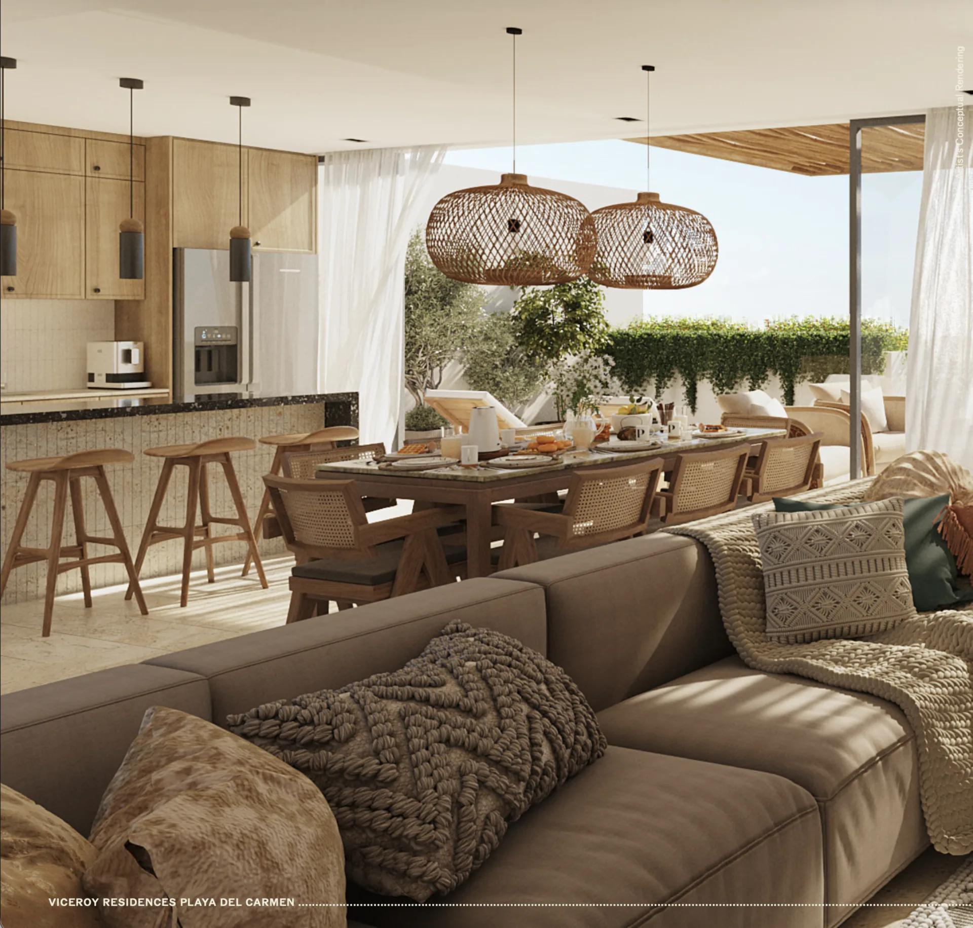 Viceroy Playa del Carmen — cocina integrada con sala en branded residences premium